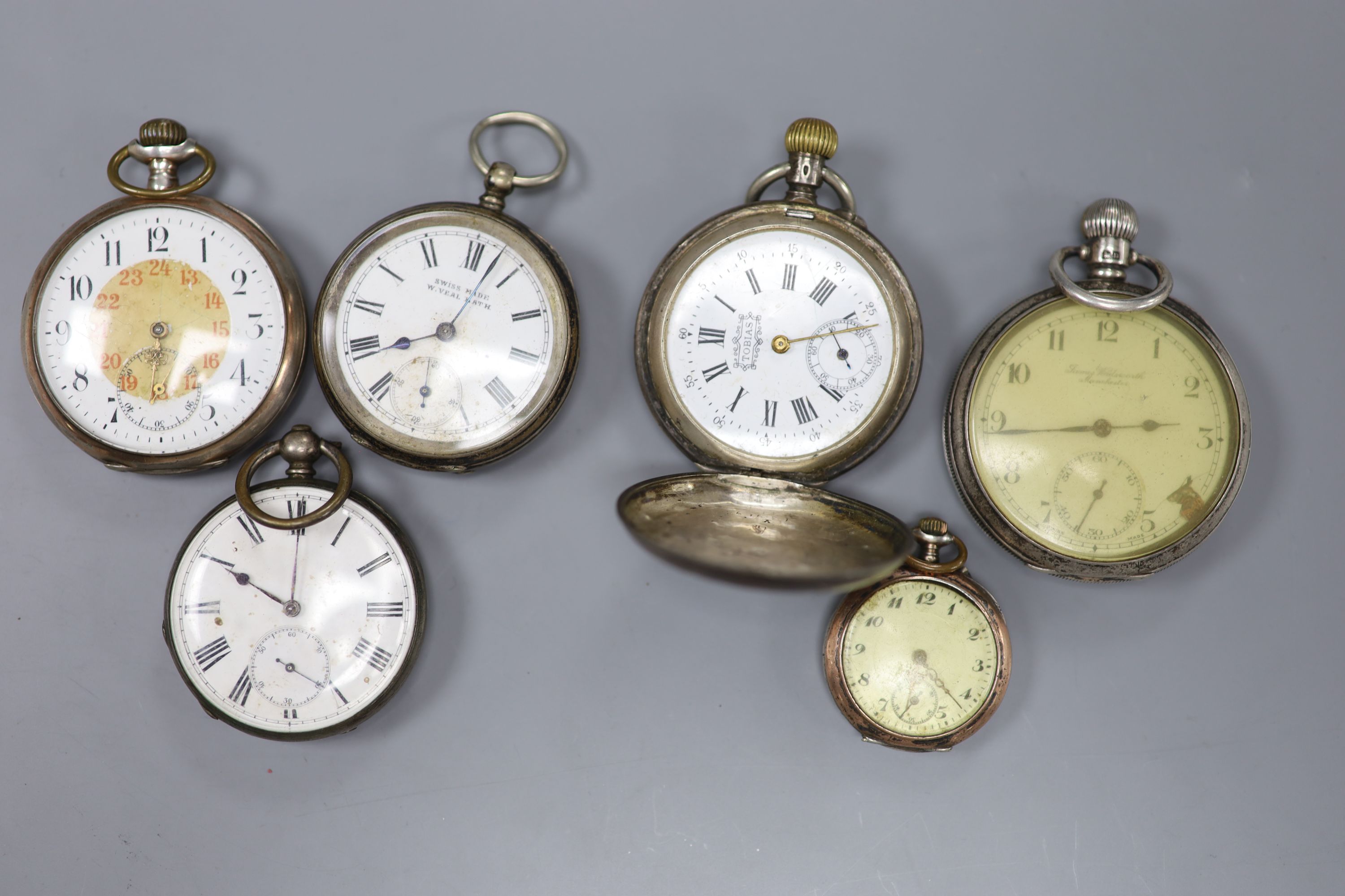 A silver pocket watch, retailed by James Wadsworth and five other assorted white metal pocket/fob watches.